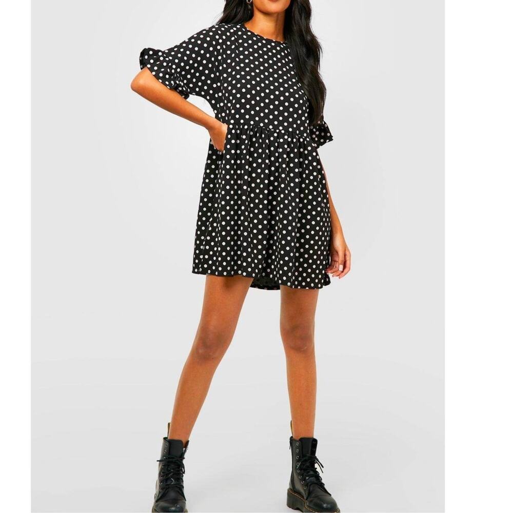 New XS Black White Polka Dot Smock Babydoll Drop Hem Shift Dress Ruffle Grunge